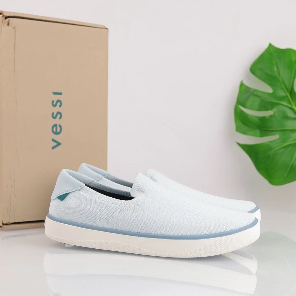 Vessi Mens Boardwalk Slip-On Shoes Size 9 Waterproof Daydream Blue Knit Sneakers